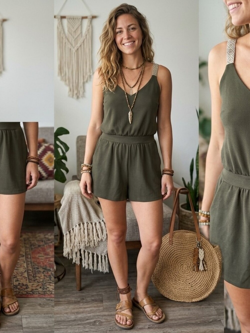 🌿 It Hippie Olive Green Boho Romper with Geometric Straps